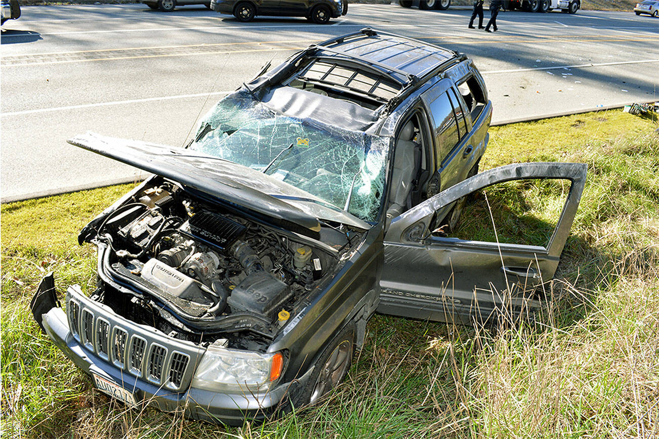 This photo shows the damage to a Monroe woman's car after a rollover collision on Highway 522 in 2018, leading to a $2.75 million settlement with the state. (David Crump)