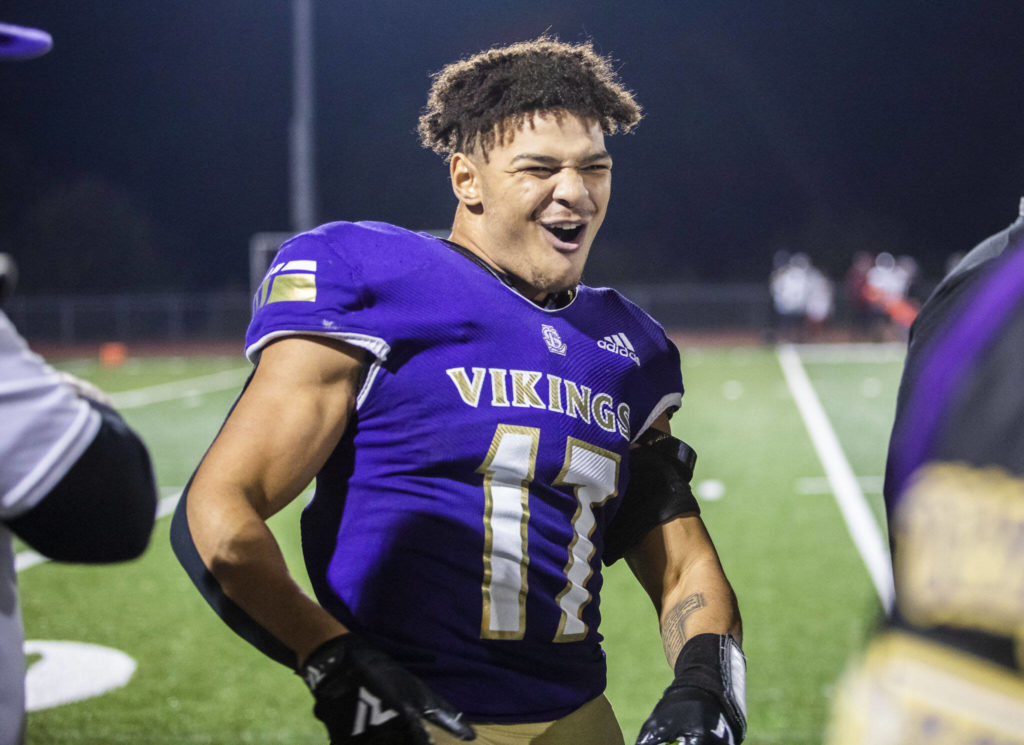 Lake Stevens’ Jayden Limar reacts to scoring another touchdown during the game against Eastlake on Friday, Oct. 7, 2022 in Lake Stevens, Washington. (Olivia Vanni / The Herald)
