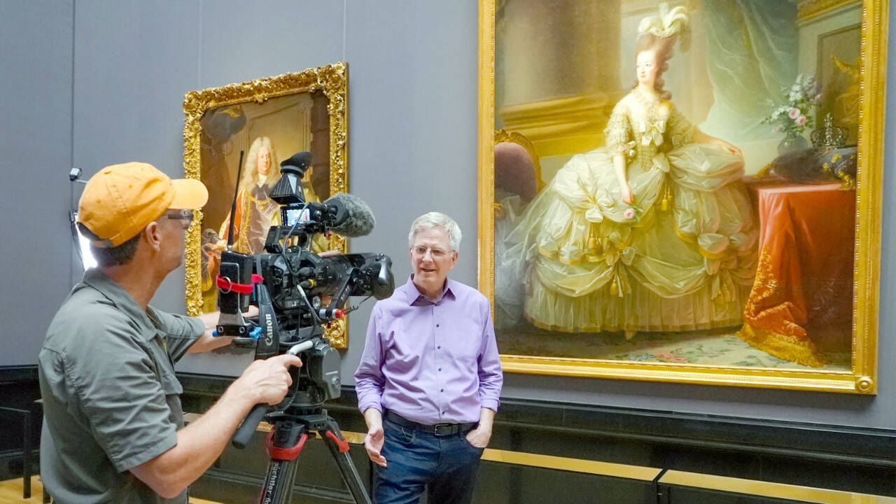 Rick Steves and Marie Antoinette in Court Dress by Élisabeth Louise Vigée Le Brun at the Kunsthistorisches Museum in Vienna.