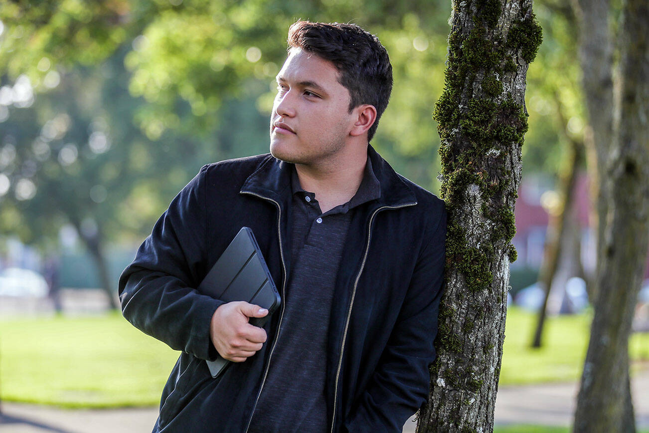 Jose Quezada, a senior at Everett High School, wants to get a career as a translator/interpreter after high school, in part because of his success with the World Languages Assessment. Photographed in Everett, Washington on October 7, 2022.  (Kevin Clark / The Herald)