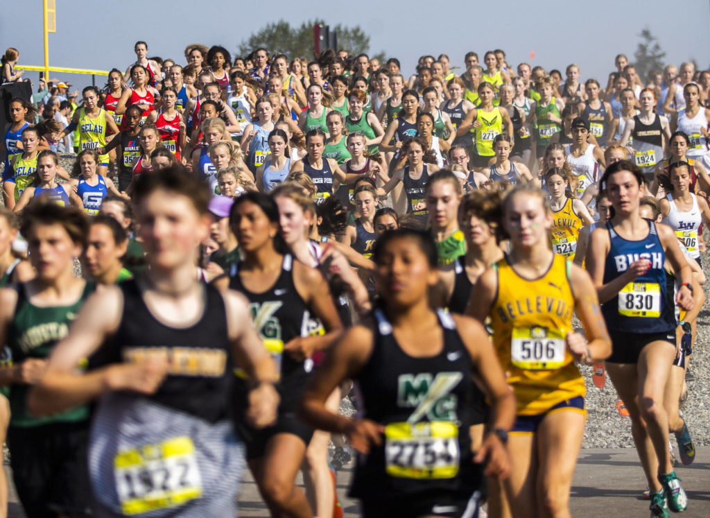 Runners in the girls varsity silver race make their way onto the track during Saturday’s 39th annual Hole in the Wall Invitational at Lakewood High School. (Olivia Vanni / The Herald)
