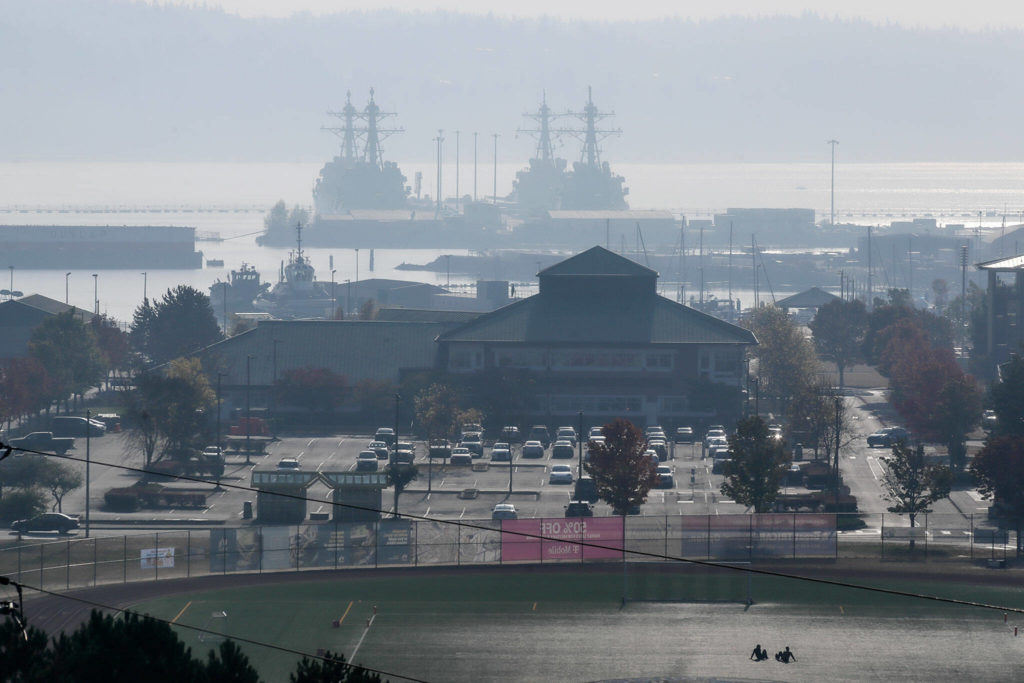 Naval ships at rest at the Everett Naval Base in the smokey and hazy weather of Monday afternoon in Everett, Washington on October 10, 2022. (Kevin Clark / The Herald)
