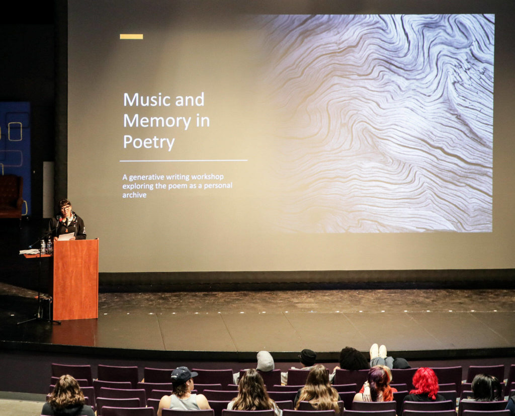 Rena Priest, Washington’s Poet Laureate, addresses students at Lake Stevens High School Thursday morning, in Lake Stevens. (Kevin Clark / The Herald)
