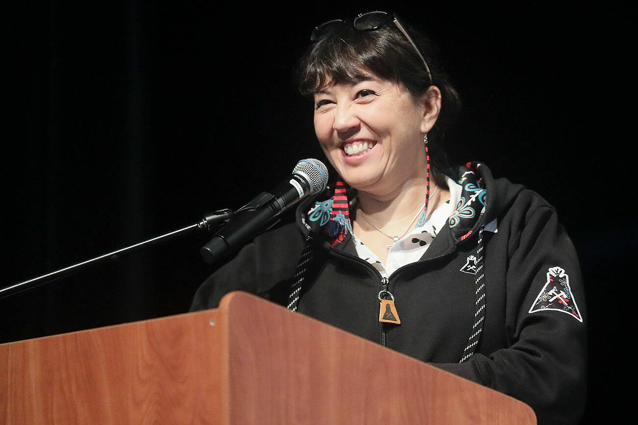 Rena Priest, Washington’s Poet Laureate, addresses students at Lake Stevens High School Thursday morning in Lake Stevens, Washington on October 13, 2022.  (Kevin Clark / The Herald)