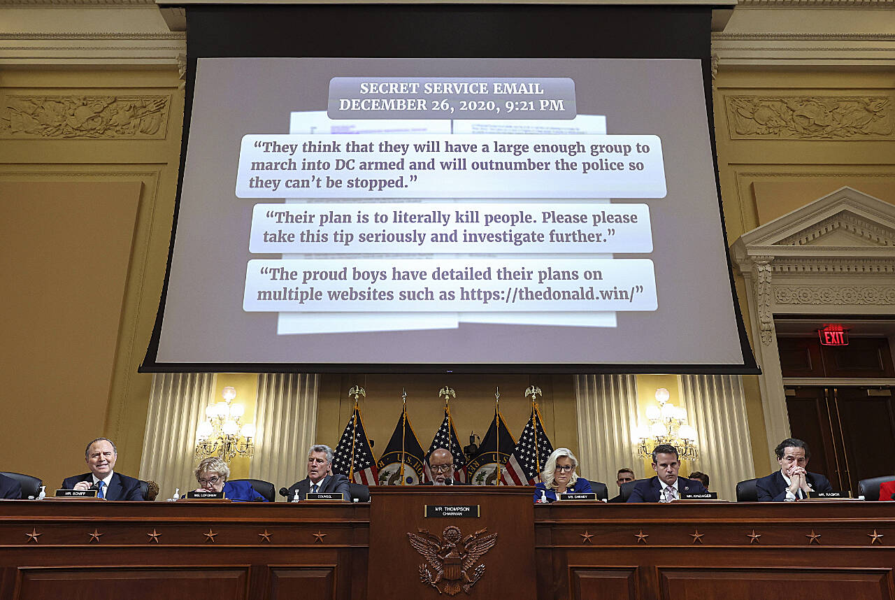 Text from a U.S. Secret Service email is displayed as the House select committee investigating the Jan. 6 attack on the U.S. Capitol holds a hearing on Capitol Hill in Washington, Thursday. (Alex Wong / pool photo via AP)