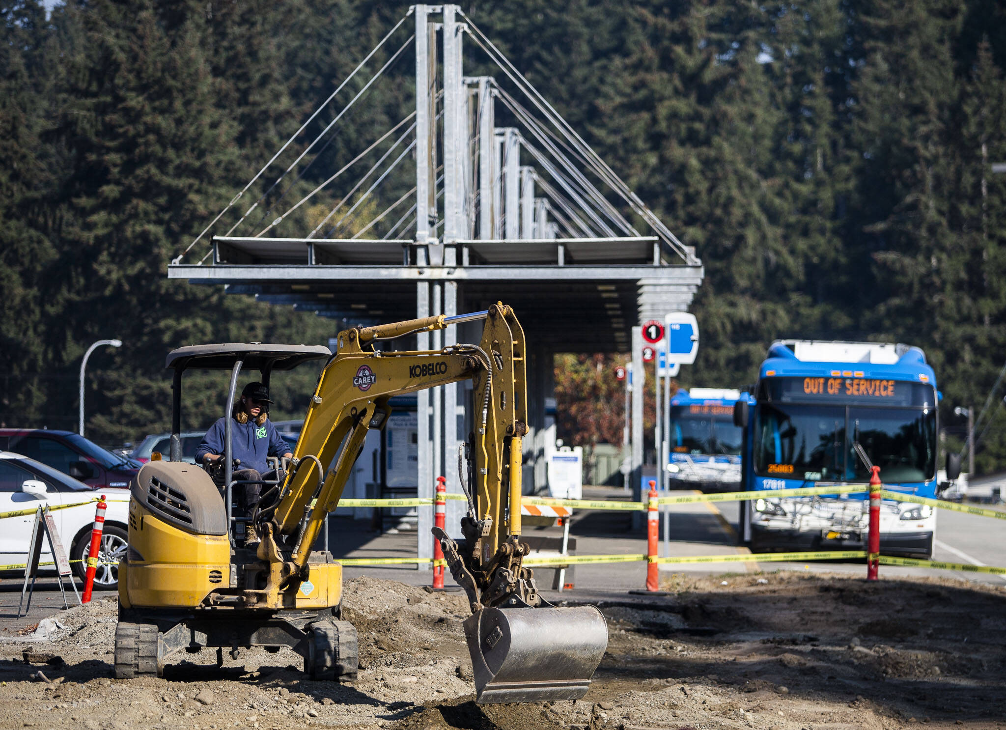 Construction continues Thursday for the Community Transit Swift Orange line station at McCollum Park and Ride near Everett. (Olivia Vanni / The Herald)