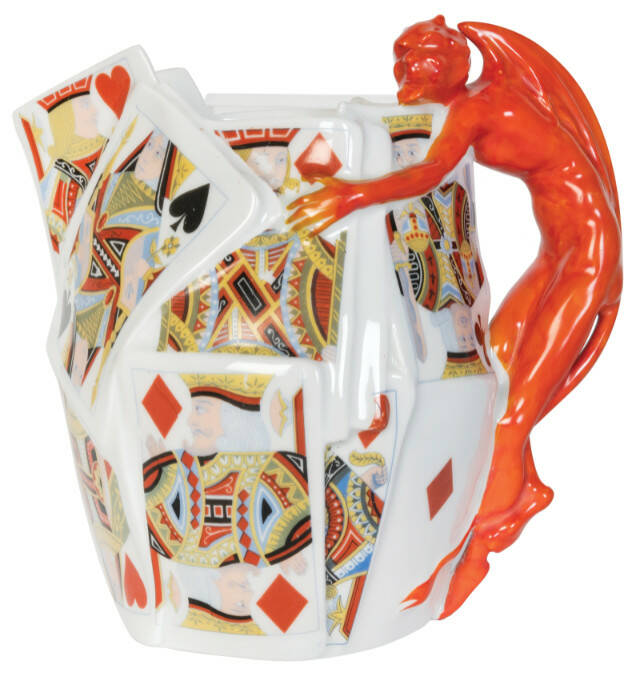 Can you resist anything but temptation? Buyers couldn’t resist this Royal Bayreuth pitcher with a devil and playing cards.