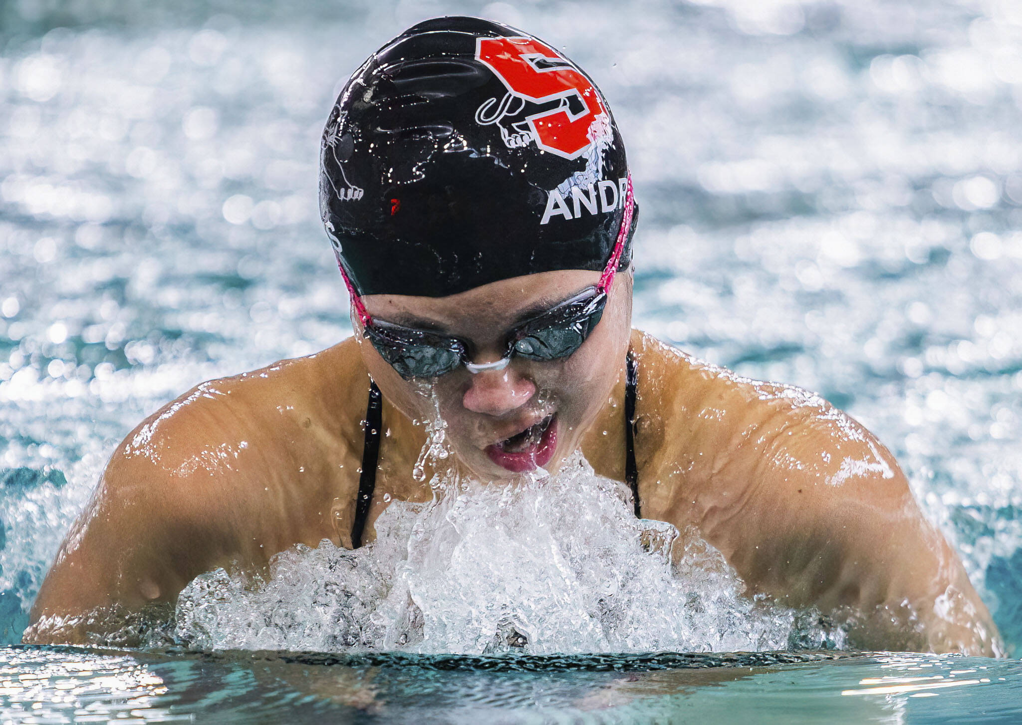 Snohomish’s Grace Andrews swims in the 200 Yard IM during the meet against Glacier Peak on Tuesday, Oct. 18, 2022 in Snohomish, Washington. (Olivia Vanni / The Herald)