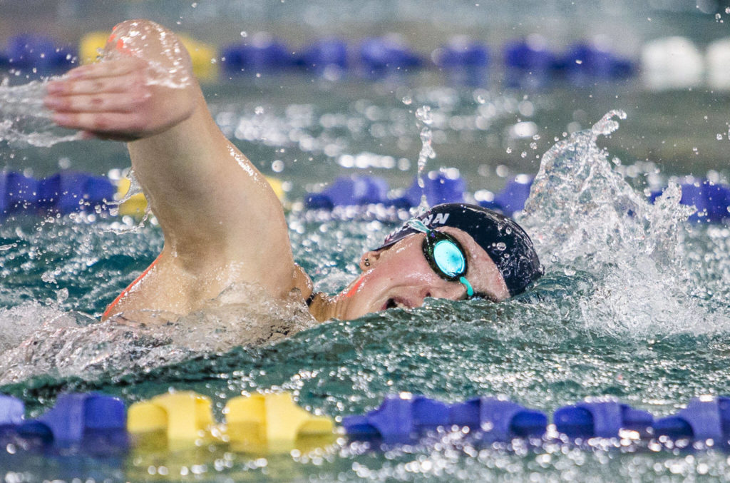 Glacier Peak’s Alena Lehmann swims in the 200 Yard Freestyle during the meet against Snohomish on Tuesday, Oct. 18, 2022 in Snohomish, Washington. (Olivia Vanni / The Herald)
