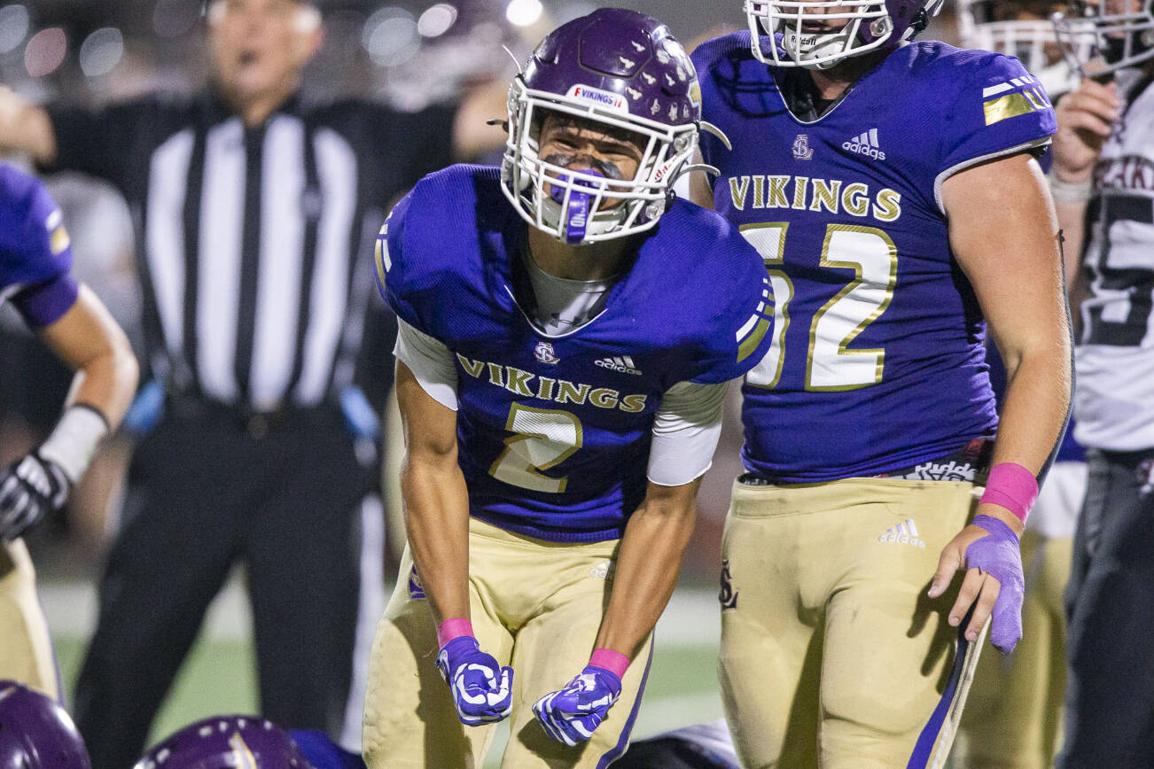 Lake Stevens’ Steven Lee reacts to getting a stop on a drive during the game against Eastlake on Friday, Oct. 7, 2022 in Lake Stevens, Washington. (Olivia Vanni / The Herald)