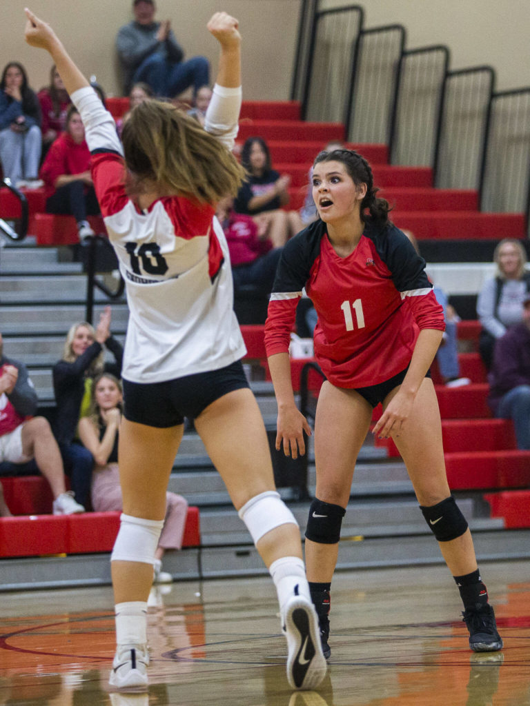 Snohomish’s Liviya Harrison reacts to a point after a hard dig during the match against Archbishop Murphy on Wednesday, Oct. 19, 2022 in Snohomish, Washington. (Olivia Vanni / The Herald)
