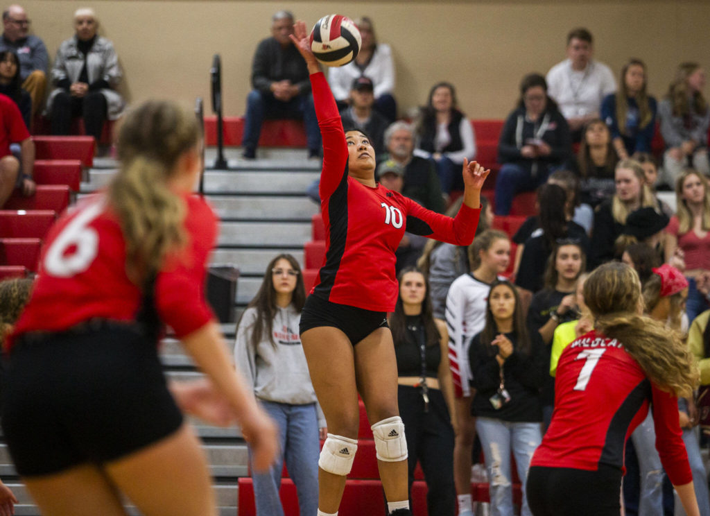 Archbishop Murphy’s Alishia Nichols spikes the ball during the match against Snohomish on Wednesday, Oct. 19, 2022 in Snohomish, Washington. (Olivia Vanni / The Herald)
