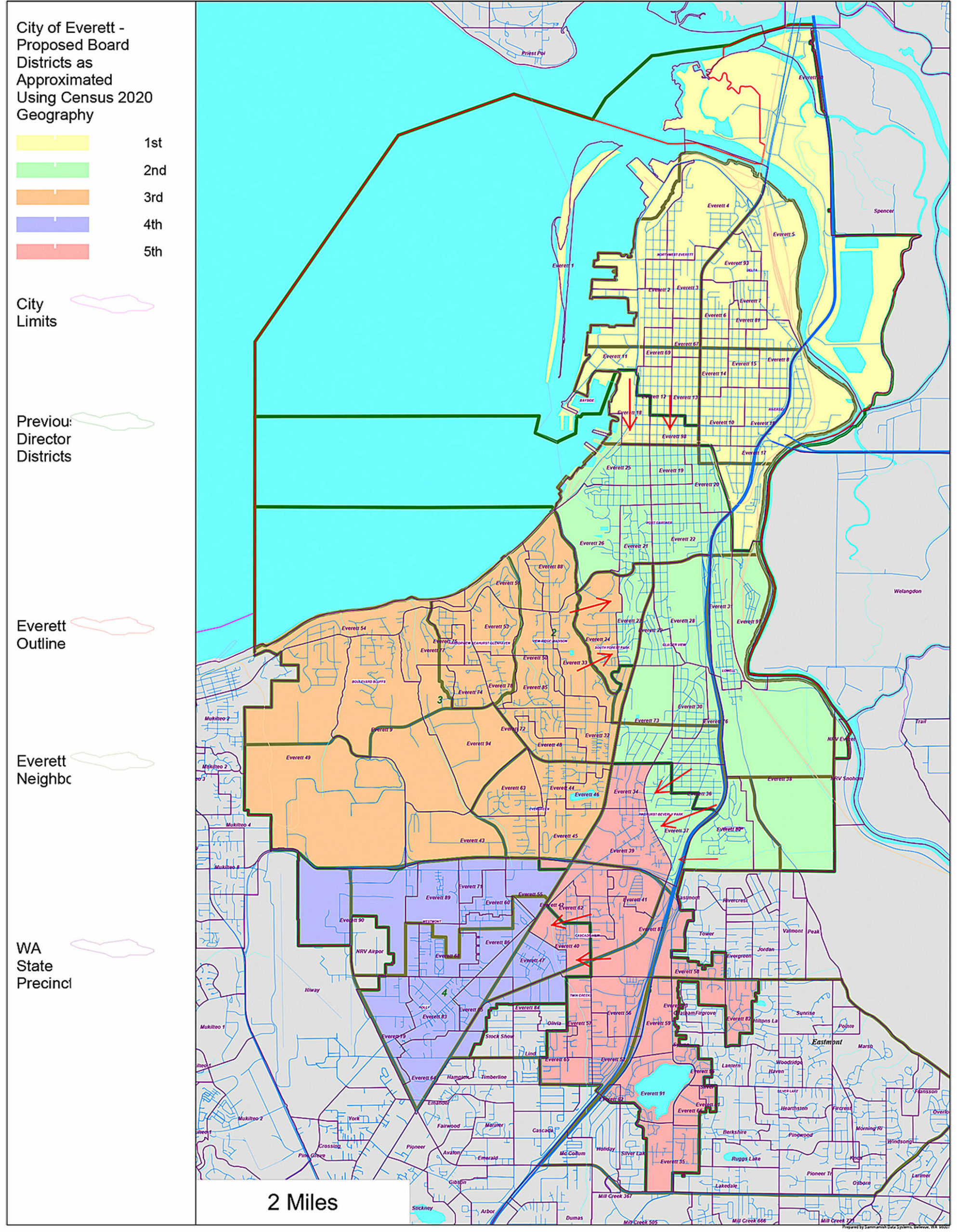 The Everett City Council districts map makes small shifts to all five districts based on recent Census data. (City of Everett)