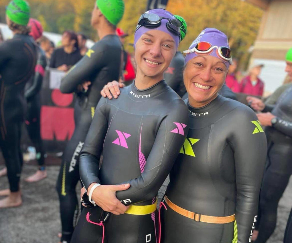 Misty Johnson (left) and her guide Amy Lewandowski, compete in the Ironman 70.3 Washington half-ironman triathlon last month in Maple Valley. (Photo provided by Amy Lewandowski)
