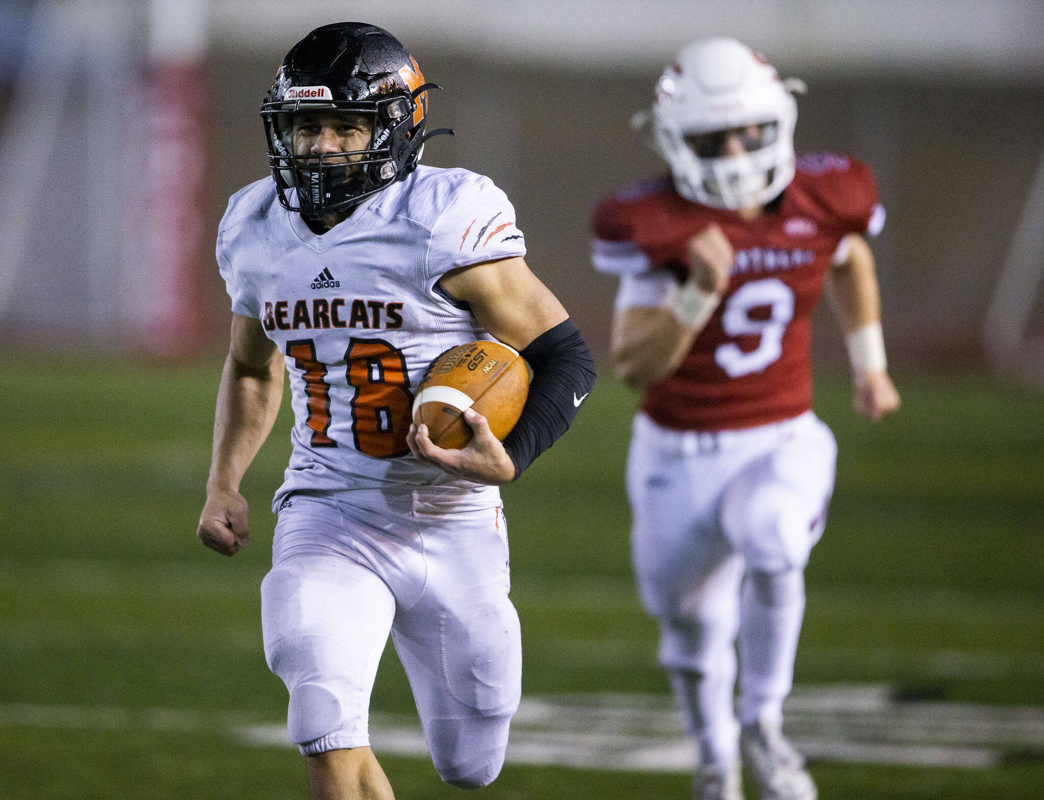 Beau Pruett ran for three touchdowns and unbeaten Monroe captured the Wesco 3A South title with a 49-7 rout of Snohomish on Friday night. (Olivia Vanni / The Herald)