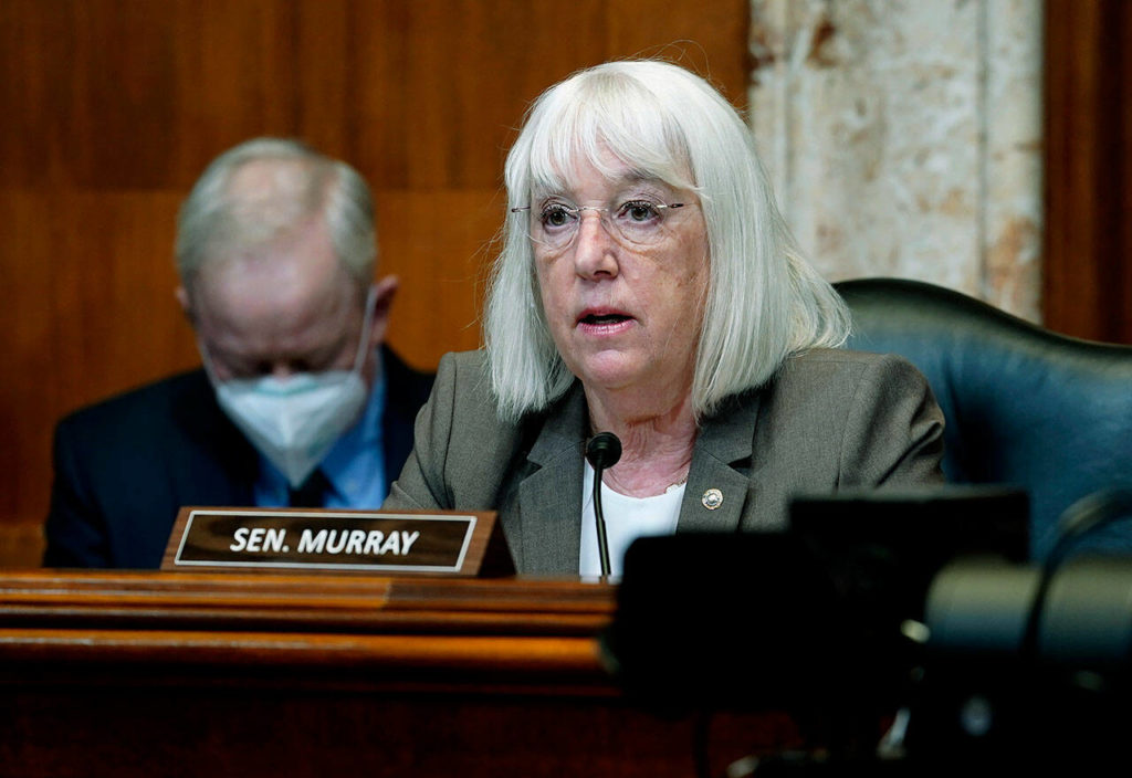 Sen. Patty Murray, D-Wash., speaks during the House Committee on Appropriations subcommittee on Labor, Health and Human Services, Education, and Related Agencies hearing. Murray faces Republican Tiffany Smiley in the November election. (AP Photo / Mariam Zuhaib, File) 
