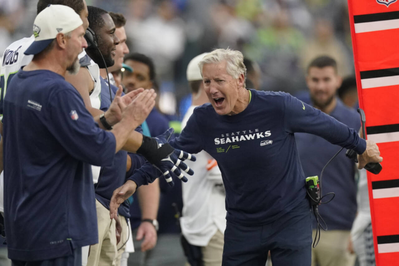 Seattle Seahawks head coach Pete Carroll celebrates at the end of Sunday’s game against the Los Angeles Chargers in Inglewood, Calif. The Seahawks won 37-23. (AP Photo/Mark J. Terrill)