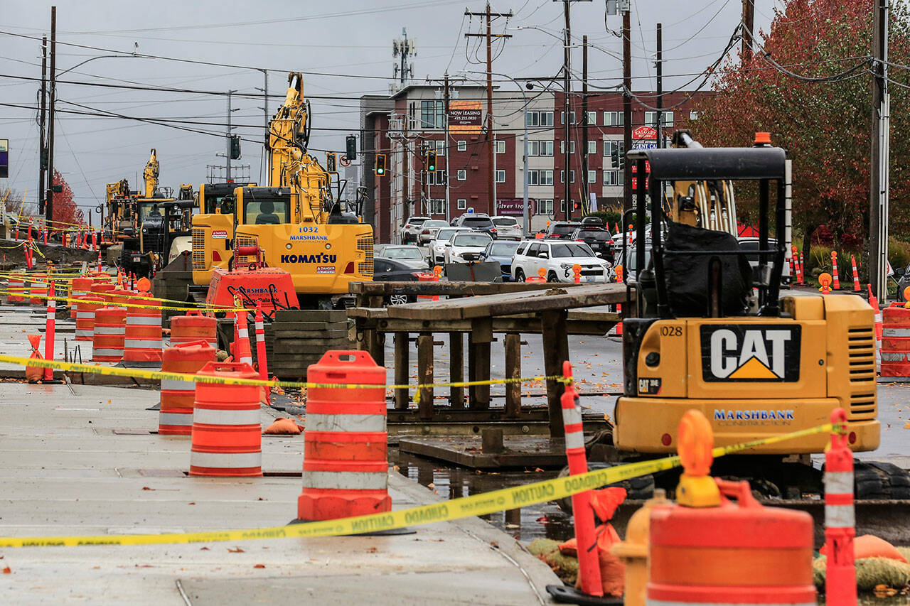 Some transportation projects in Lynnwood are funded by vehicle registration fees, also called car tabs, collected by the city. But the Lynnwood City Council on Monday voted to stop charging $40 per vehicle. (Kevin Clark / Herald file)