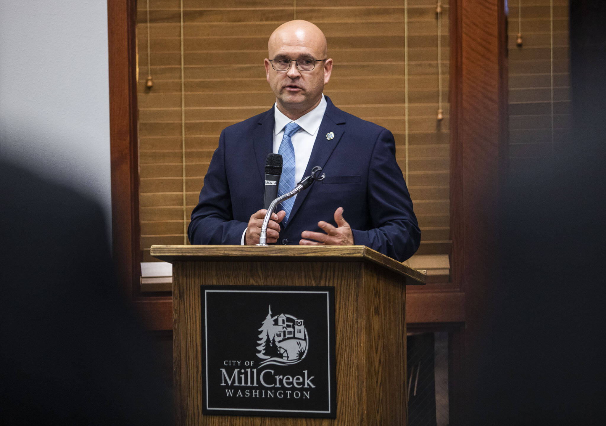 Mill Creek police chief finalist Shawn Boyle on Thursday, in Mill Creek. (Olivia Vanni / The Herald)