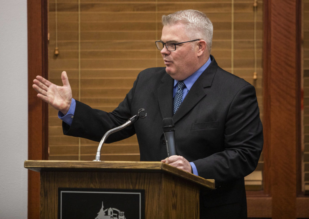 Mill Creek police chief finalist Stan White on Thursday, in Mill Creek. (Olivia Vanni / The Herald)
