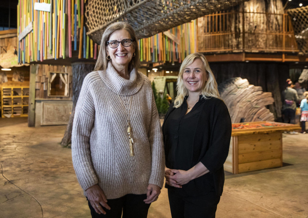 Executive Director Nancy Johnson and Deputy Director Gretchen Wilson-Prangley at the Imagine Children’s Museum on Oct. 26, in Everett. (Olivia Vanni / The Herald)
