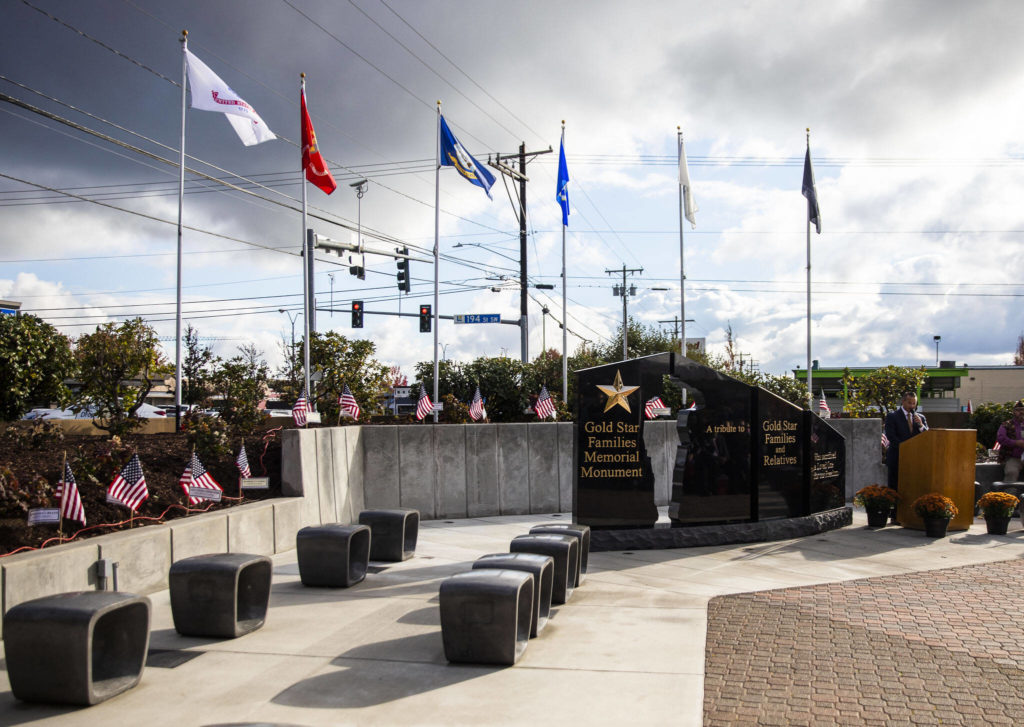 Andy Lopez speaks at dedication ceremony for the new Gold Star Families Memorial Monument on Wednesday, in Lynnwood. (Olivia Vanni / The Herald) 
