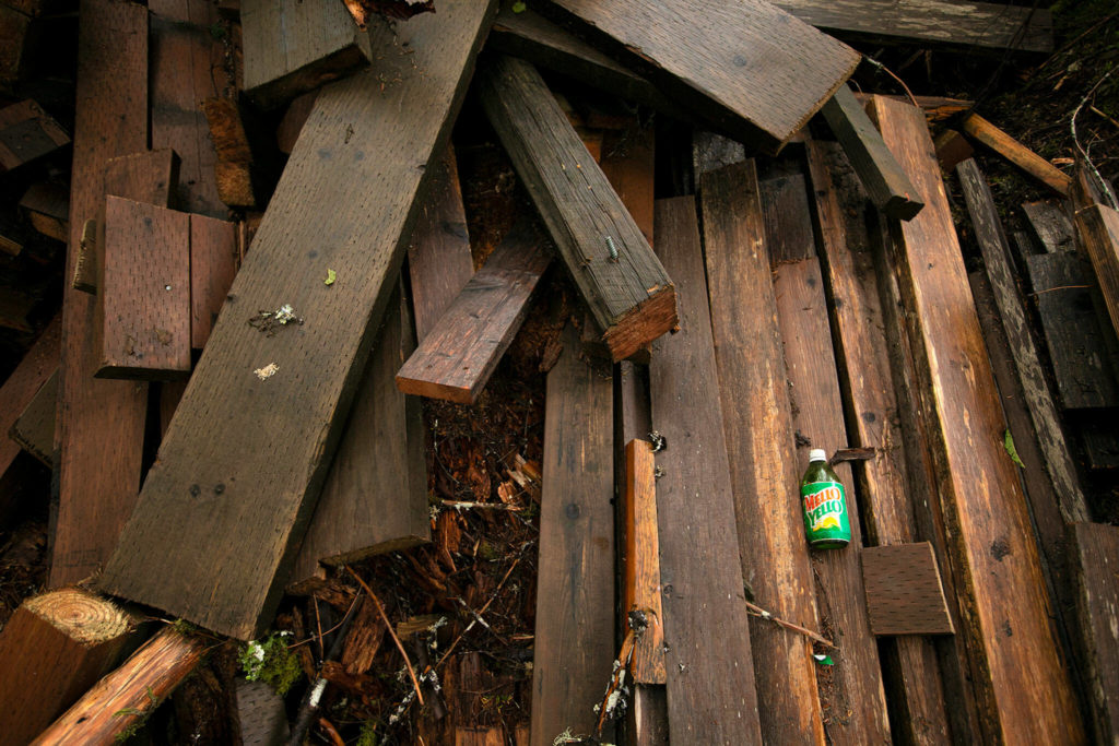 Remnants of the old wood section of the bridge are piled alongside the South Fork Stillaguamish River on Big Four Mountain Trail on Oct. 28, in Mount Baker-Snoqualmie National Forest near Granite Falls. (Ryan Berry / The Herald)
