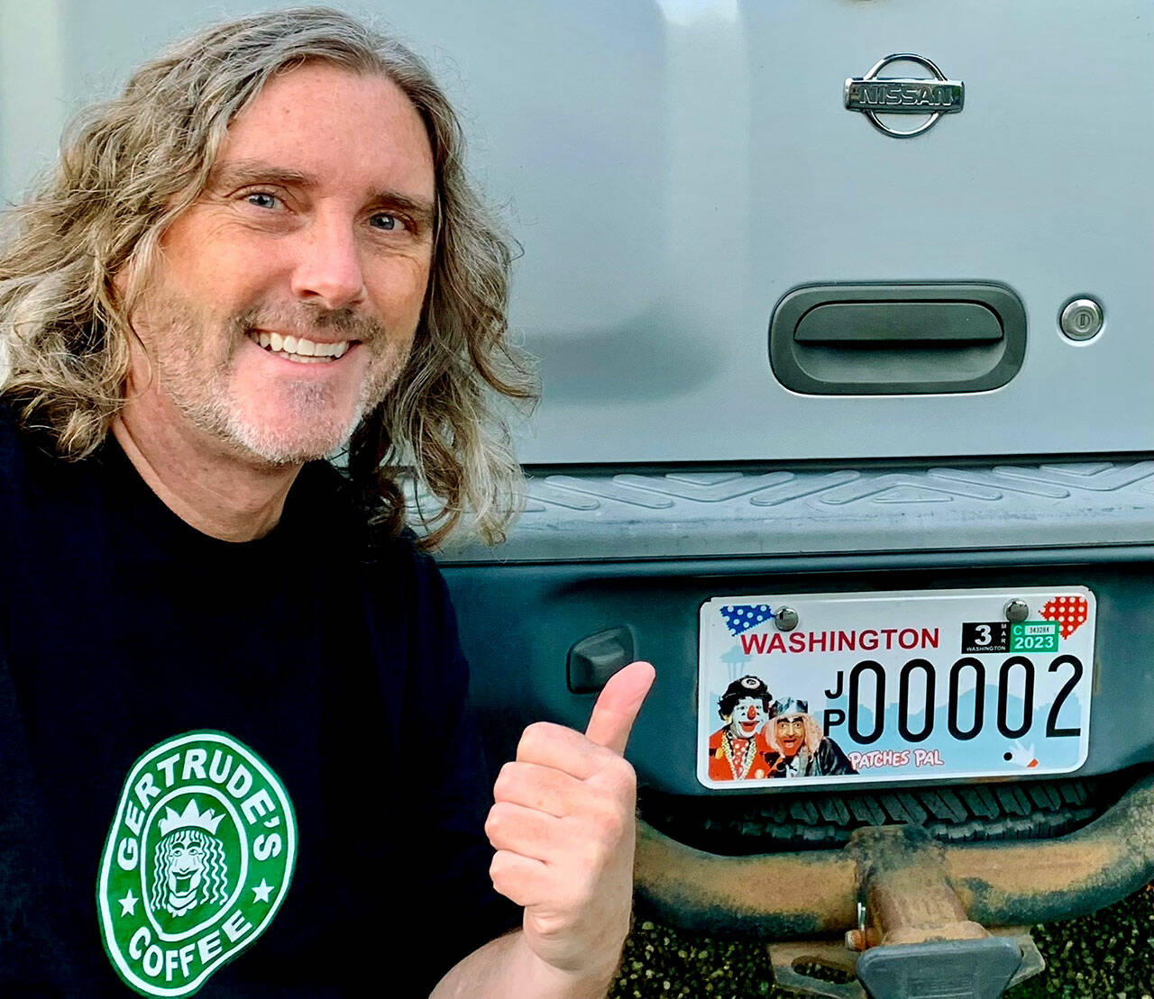 Curt Hanks designed the new Patches Pal special license plate that took three tries to get passed in the statehouse. The plates honoring the beloved TV clown are available through the state Department of Licensing. Featured on the plate is J.P. Patches and his sidekick, Gertrude. (Submitted photo)