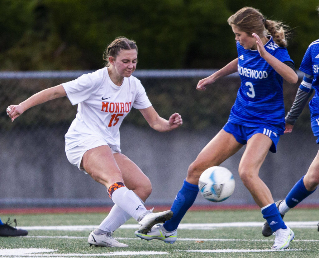 Monroe’s Megan Hurley takes a shot during game against Shorewood on Tuesday, Nov. 1, 2022 in Shoreline, Washington. (Olivia Vanni / The Herald)
