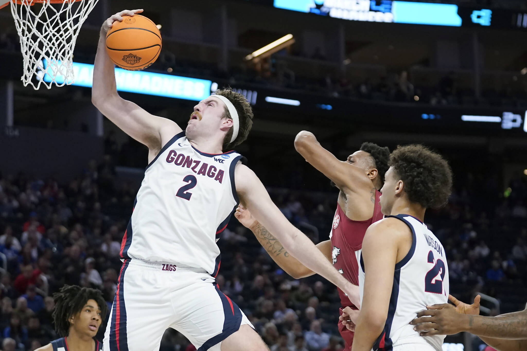 Gonzaga forward Drew Timme (2) grabs a rebound against Arkansas during the first half of an NCAA Tournament Sweet 16 game on March 24, 2022, in San Francisco. (AP Photo/Marcio Jose Sanchez)