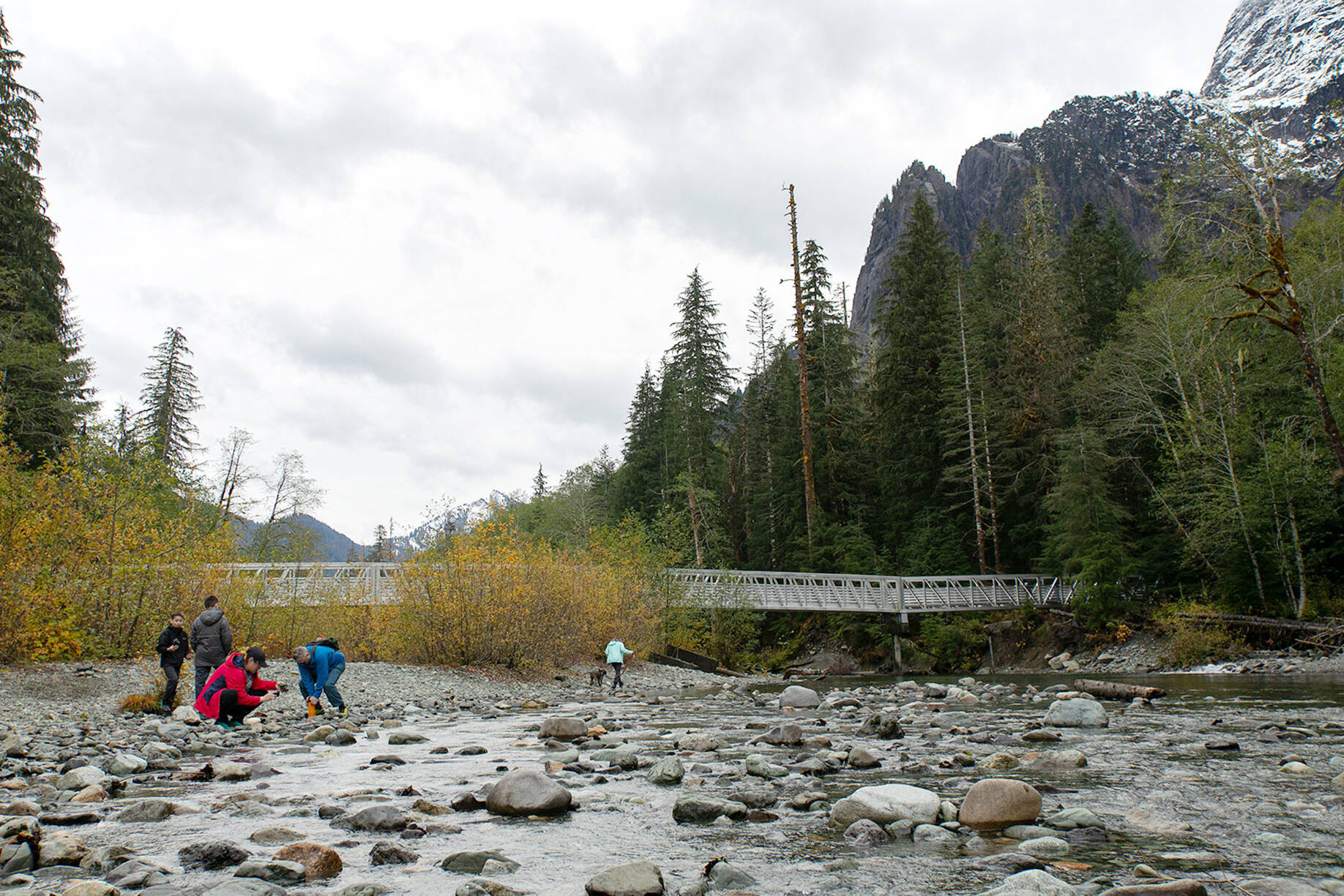 People explore along the South Fork Stillaguamish River near the repaired bridge that heads to Big Four Ice Caves on Oct. 28, in Mount Baker-Snoqualmie National Forest near Granite Falls. Ryan Berry / Everett Herald photo