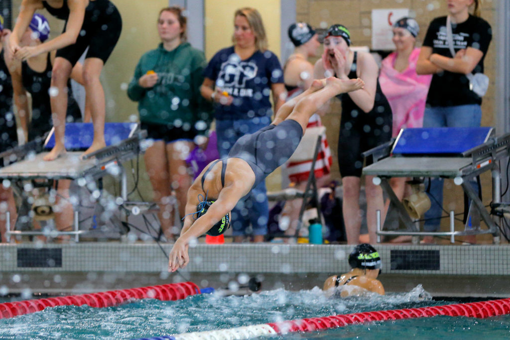 Jackson anchor Olivia Hoyla dives in during the 200 yard freestyle relay during the Class 4A District 1 swim meet Saturday, Nov. 5, 2022, at Snohomish Aquatic Center in Snohomish, Washington. (Ryan Berry / The Herald)
