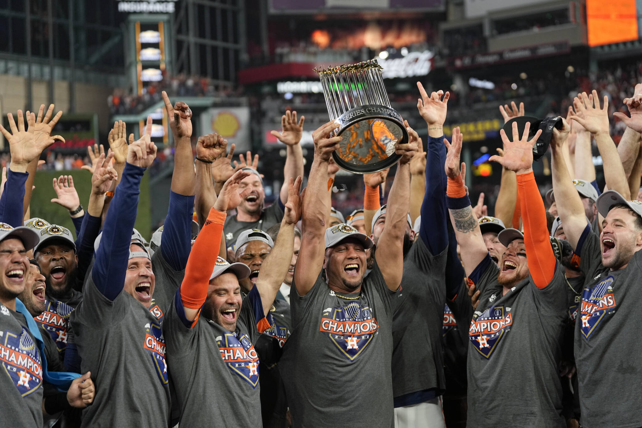 The Houston Astros celebrate their 4-1 World Series win against the Philadelphia Phillies after Game 6 on Saturday in Houston. (AP Photo/David J. Phillip)