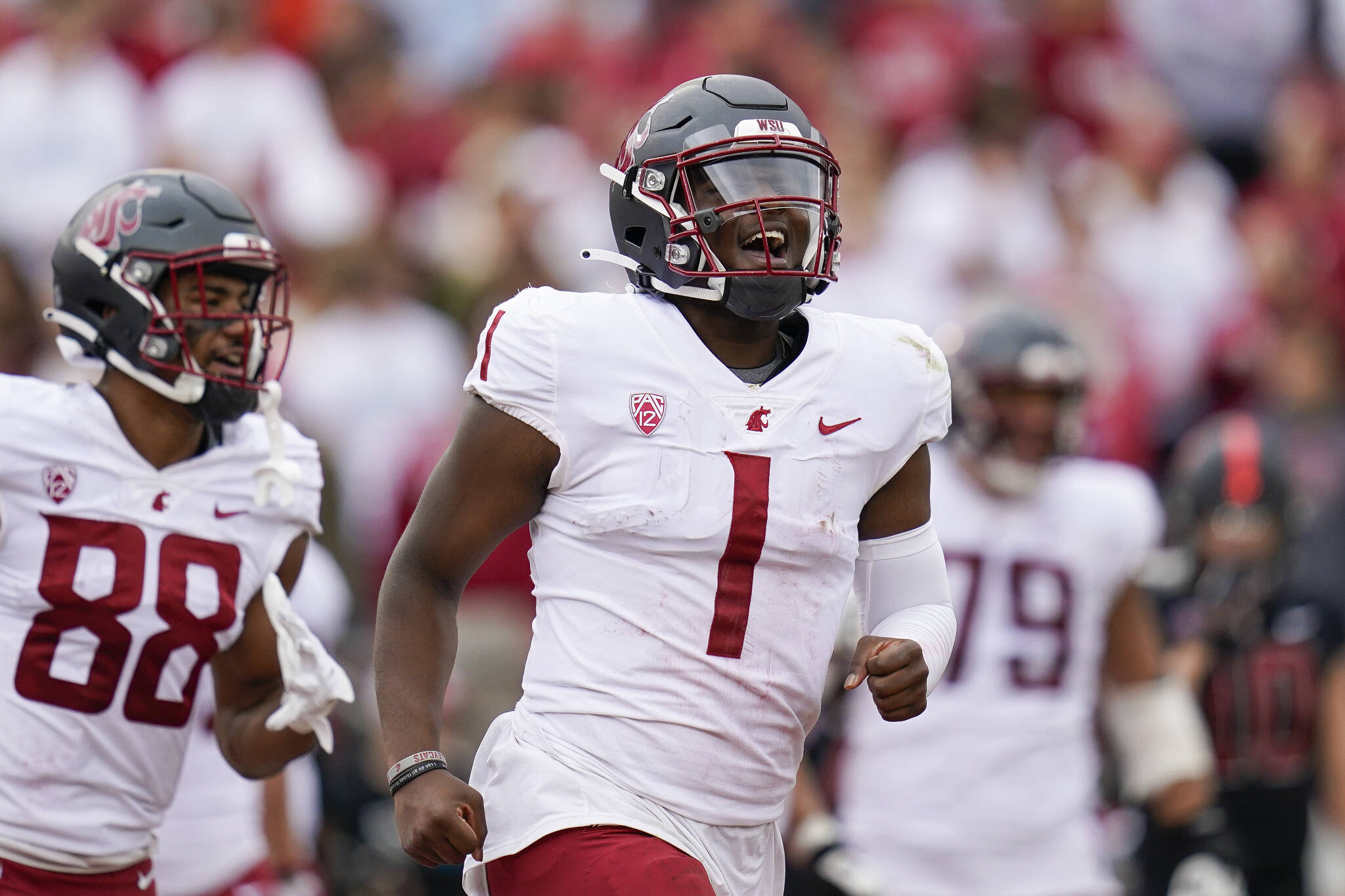 Washington State quarterback Cameron Ward (1) celebrates after throwing a touchdown against Stanford during the first half of a game Saturday in Stanford, Calif. (AP Photo/Godofredo A. Vásquez)
