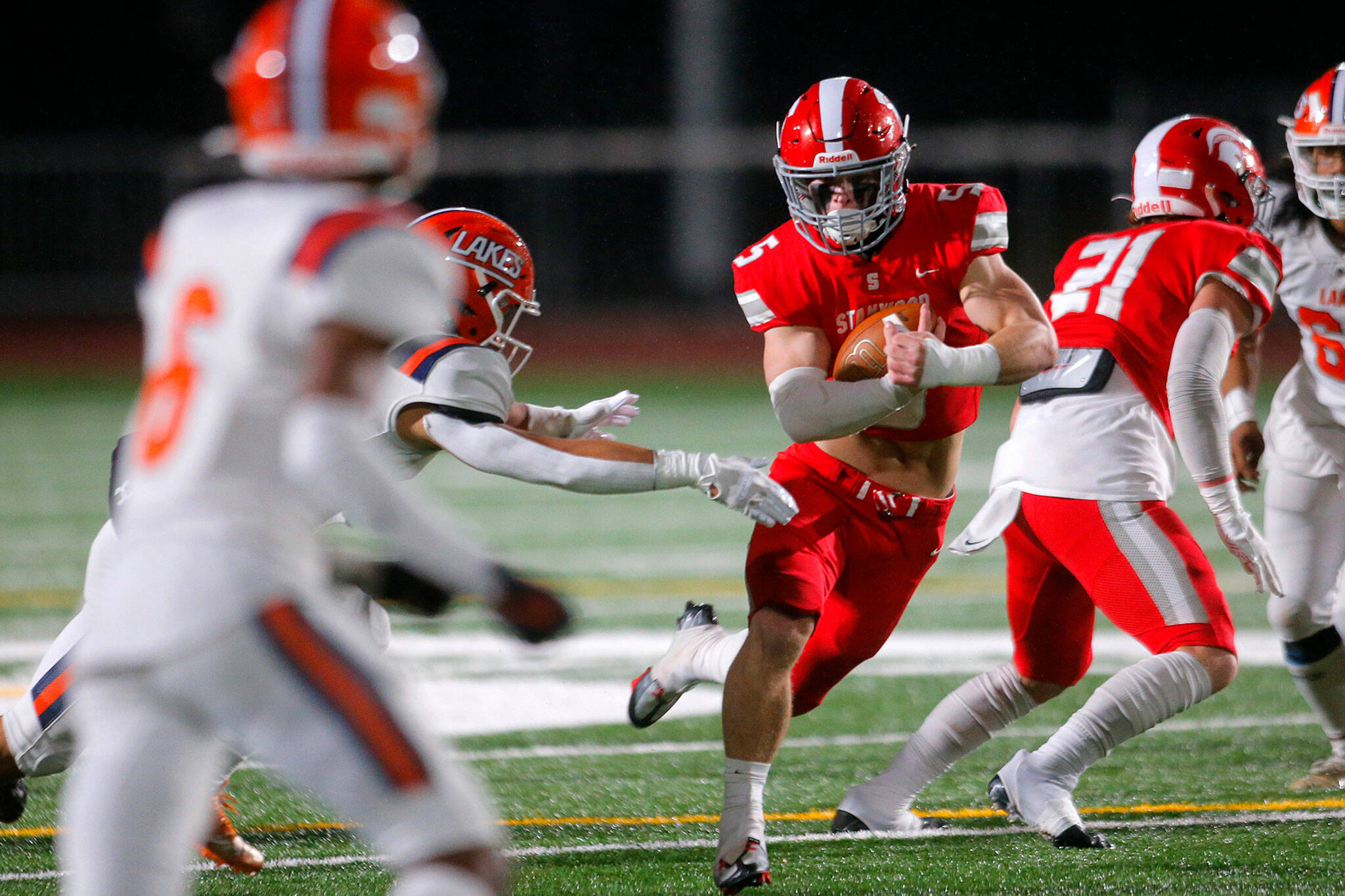 Stanwood is one of three Snohomish County prep football teams that advanced to their respective state playoffs. (Ryan Berry / The Herald)