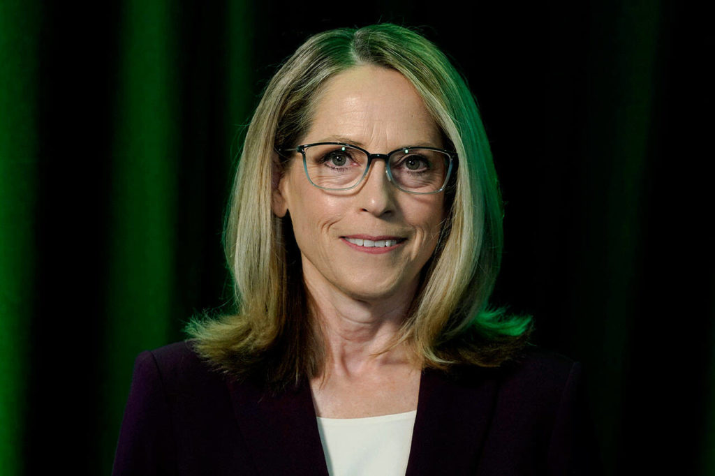 Pierce County Auditor Julie Anderson poses for a photo before taking part in a debate on Aug. 17, in Olympia. (AP Photo / Ted S. Warren,File)
