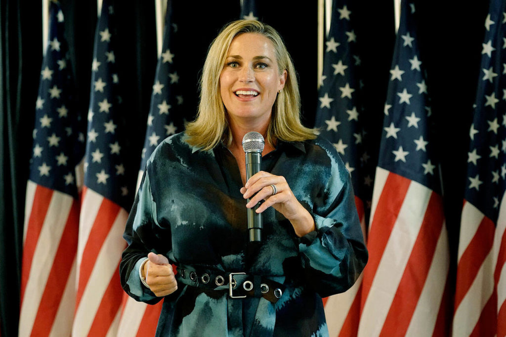 Republican Tiffany Smiley speaks on Aug. 2, 2022, at a Republican Party event on Election Day in Issaquah. (AP Photo / Ted S. Warren, File)