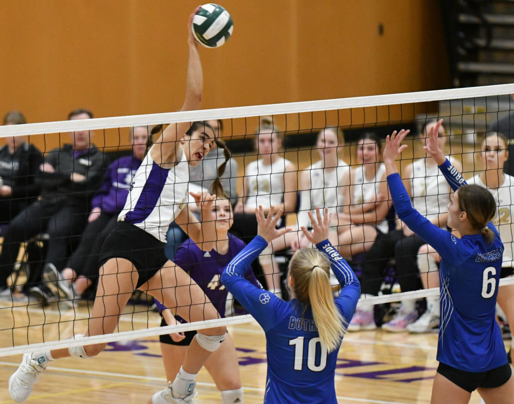 Lake Stevens&rsquo; Hayli Tri spikes the ball for a point during a 4A District 1/2 Tournament match against Bothell on Nov. 8, 2022, in Lake Stevens. (John Gardner / Pro Action Image)
