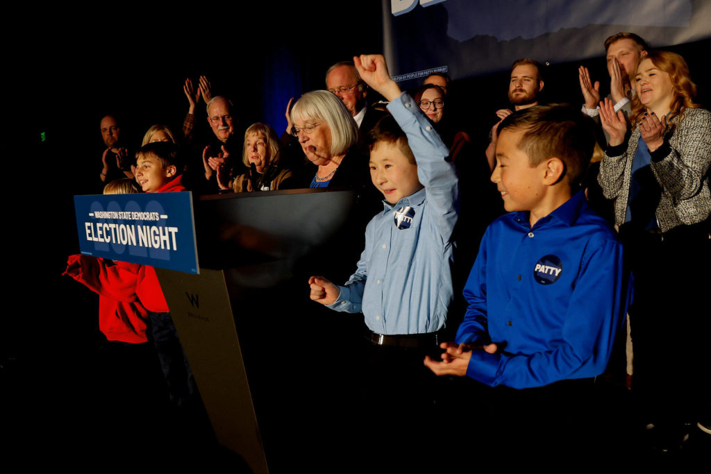 Sen. Patty Murray addresses gathered supporters at the Democratic party on Tuesday, in Bellevue. (Jennifer Buchanan / The Seattle Times)
