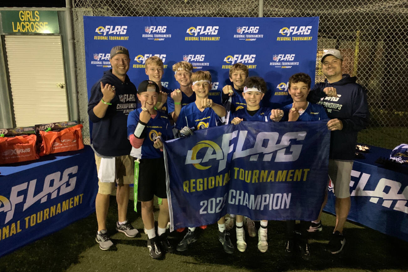 The Snohomish Boys and Girls Club’s 12-under recreational flag football team (from left to right); Back row: Asst. Coach Brian McKinney, Matt Kowalski, Kason Swanson, Alex Yamada, Coach Kelven May. Front: Jackson Dammann, Parker May, Cooper Thompson, Wyatt McKinney. (Provided photo)