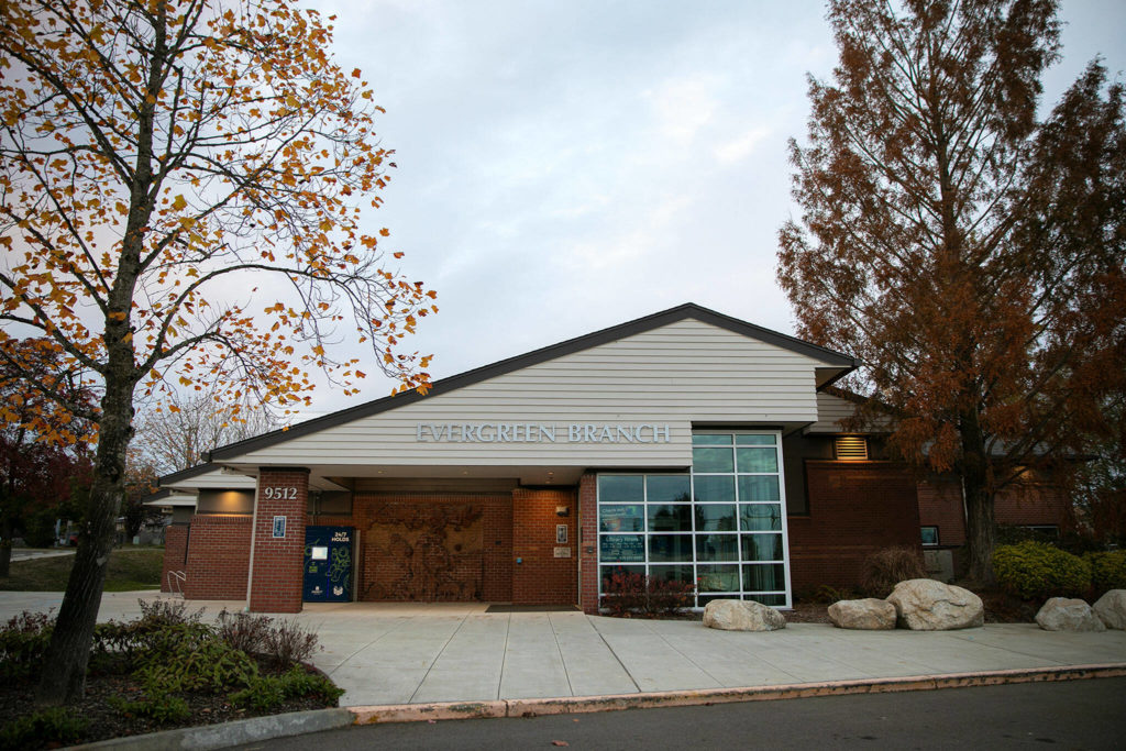 The Evergreen Branch of the Everett Public Library is closed and quiet on Friday, in Everett. (Ryan Berry / The Herald)
