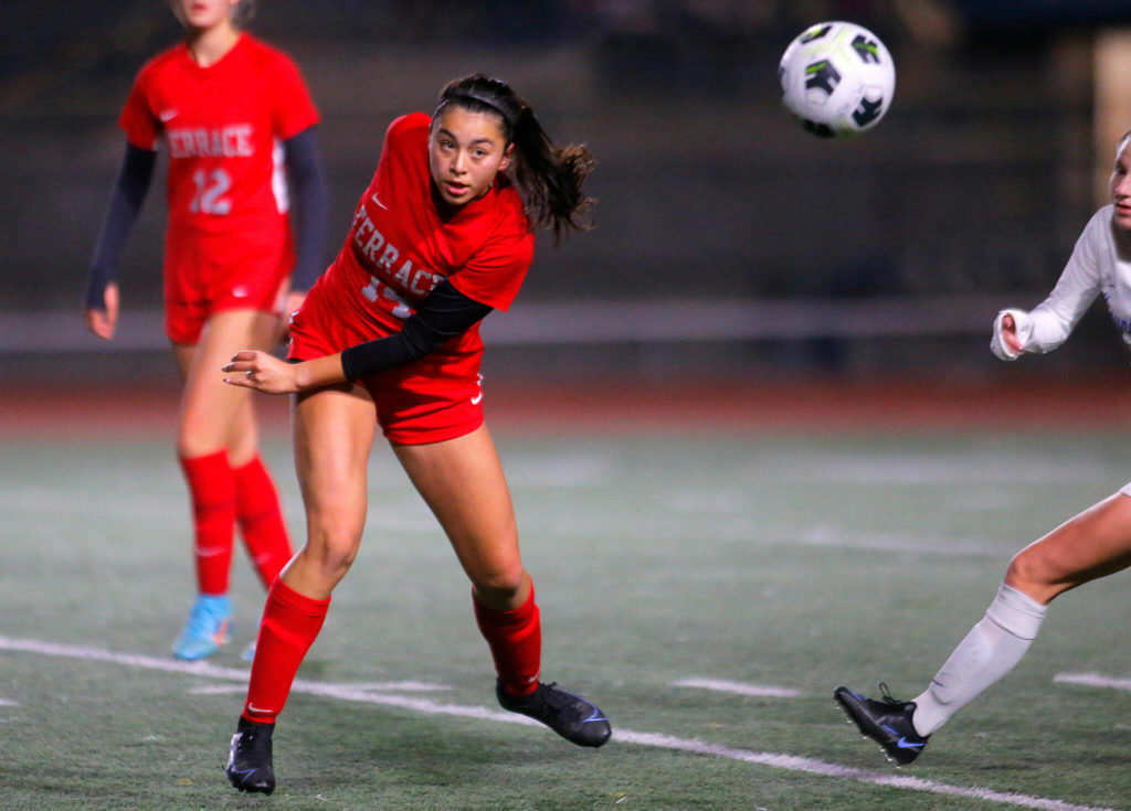 Mountlake Terrace’s Eliana Bonilla sends a ball out of bounds against Auburn Mountainview on Wednesday, Nov. 9, 2022, Edmonds District Stadium in Edmonds, Washington. (Ryan Berry / The Herald)
