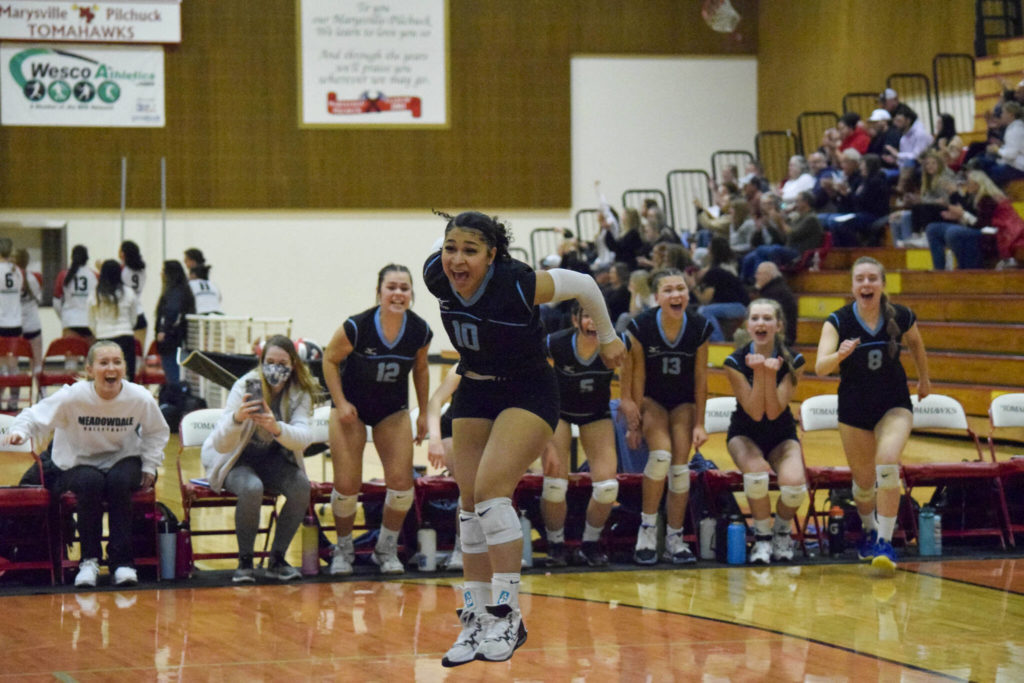 Meadowdale junior Lataya Mitchell celebrates the Mavericks’ win over Monroe in a 3A District 1 Tournament semifinal match on Thursday, Nov. 10, 2022, at Marysville Pilchuck High School. (Katie Webber / For The Herald)
