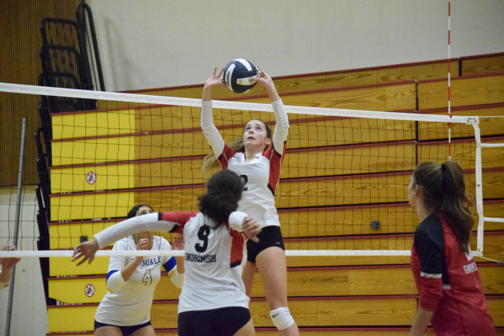 Snohomish senior Ayla Grant sets to her teammates during a 3A District 1 Tournament semifinal match against Ferndale on Thursday, Nov. 10, 2022, at Marysville Pilchuck High School. (Katie Webber / For The Herald)

