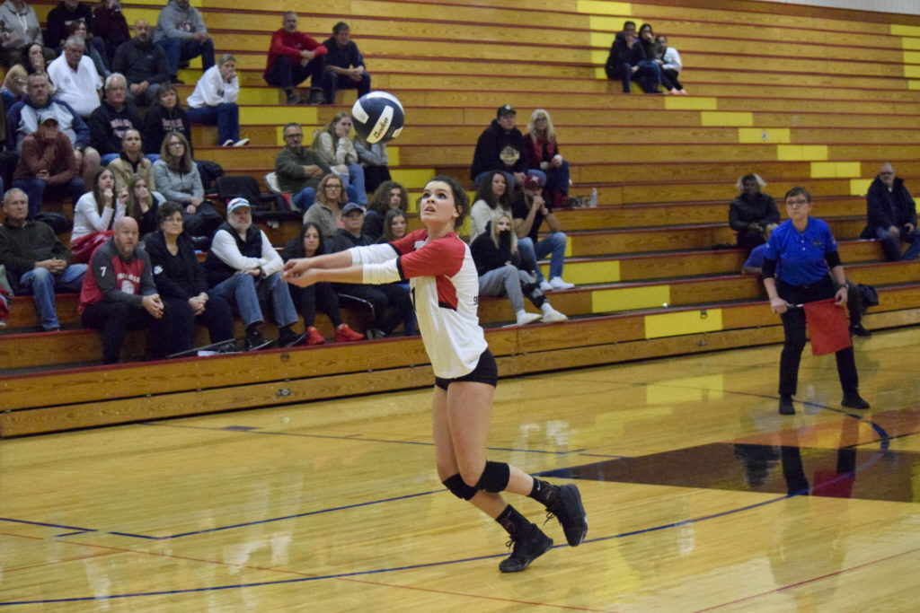 Snohomish senior Liviya Harrison digs the ball during a 3A District 1 semifinal match against Ferndale on Thursday, Nov. 10, 2022, at Marysville Pilchuck High School. (Katie Webber / For The Herald)
