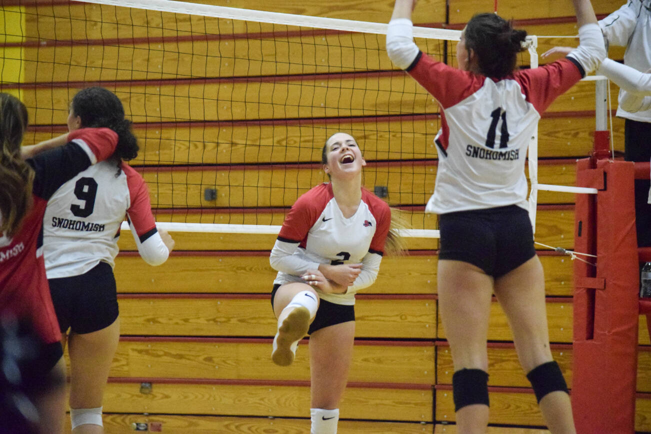Snohomish senior Ayla Grant celebrates after winning a point against Ferndale during a 3A District 1 Tournament semifinal match on Nov. 10, 2022, at Marysville Pilchuck High School. (Katie Webber / For The Herald)