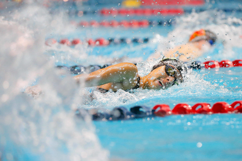 Celina Hernandez-Murillo and the Timberwolves earned a pair of relay medals en route to a fifth-place finish in the 4A state team standings. (Ryan Berry / The Herald)
