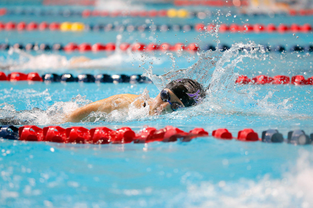 Kamiak sophomore Janey Ryu swims in the 500 yard freestyle final during the WIAA 4A Girls State Swim & Dive Championships on Saturday, Nov. 12, 2022, at the Weyerhaeuser King County Aquatic Center in Federal Way, Washington. (Ryan Berry / The Herald)
