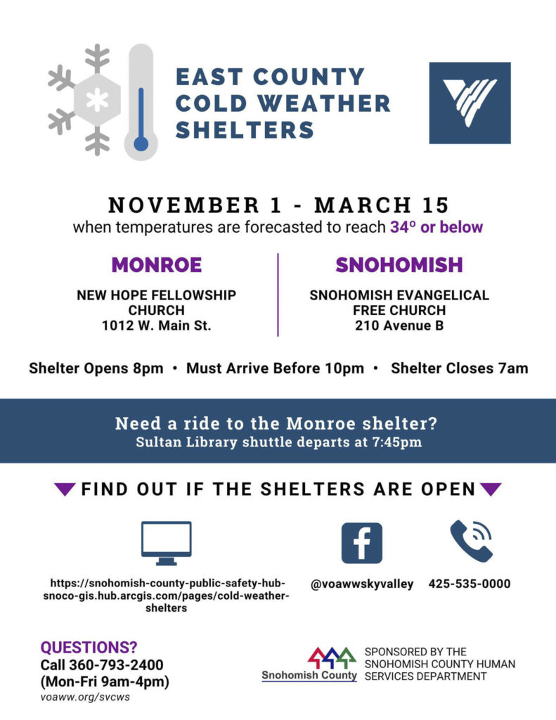 Cold weather shelter flyer for east Snohomish County. (Courtney of Snohomish County Public Safety)
