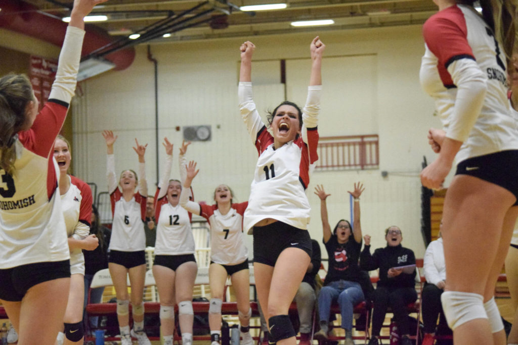 Snohomish senior Liviya Harrison celebrates a point in the fifth set of the Panthers’ win over Ferndale in a Class 3A District 1 tournament semifinal match Nov. 10 at Marysville Pilchuck High School. The Panthers are seeded sixth in the 3A state bracket. (Katie Webber / For The Herald)
